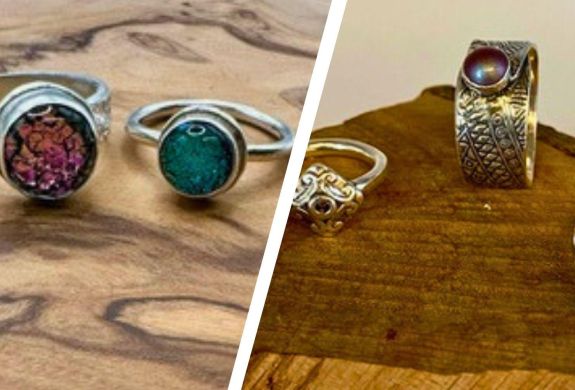 Split photo showing silver rings with gemstones