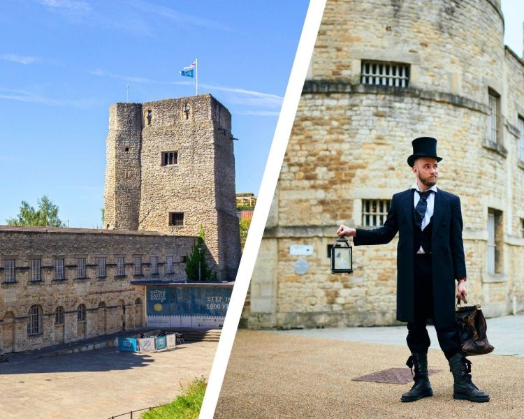 Split photo showing oxford castle and prison and man dressed in black for spectre ghost tour