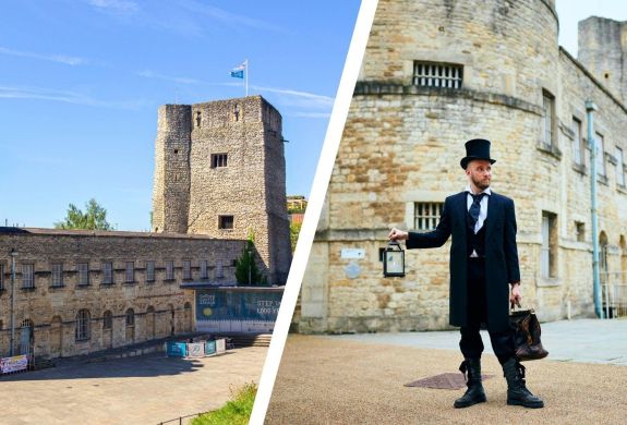 Split photo showing oxford castle and prison and man dressed in black for spectre ghost tour