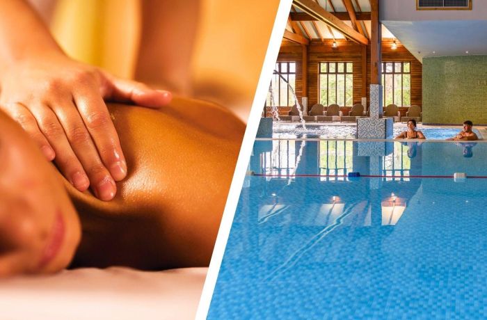 Split photo showing massage treatment and couple in spa pool at bannatyne health club