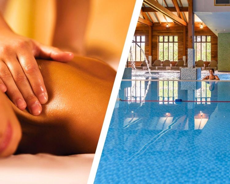 Split photo showing massage treatment and couple in spa pool at bannatyne health club