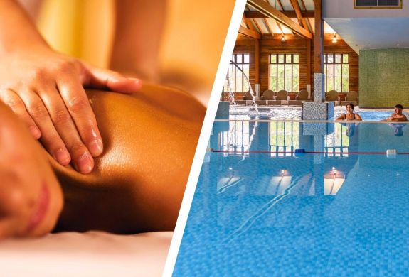 Split photo showing massage treatment and couple in spa pool at bannatyne health club