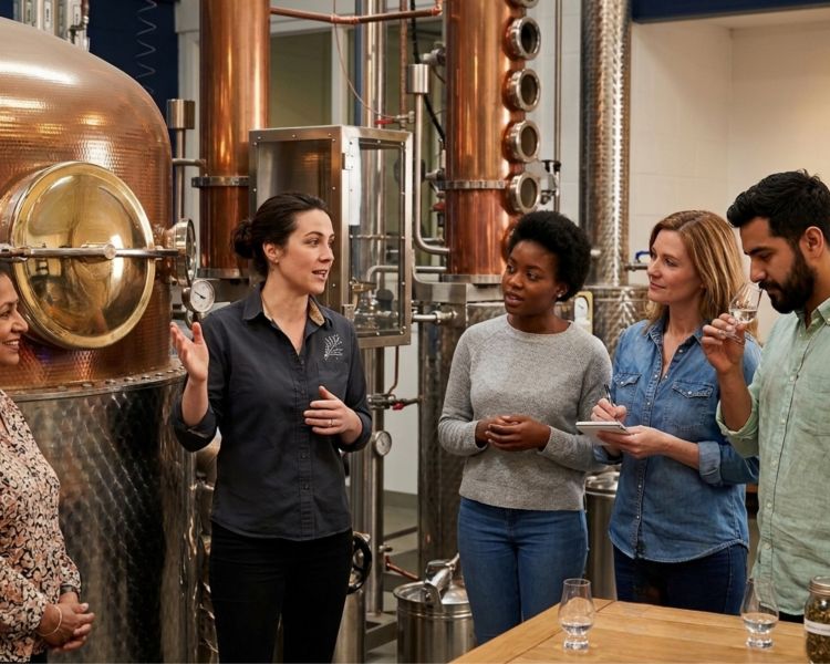 Group listening to guide on gin distillery tour