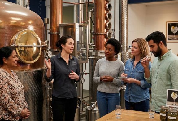 Group listening to guide on gin distillery tour