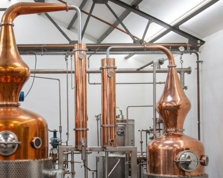 Copper stills at gin distillery
