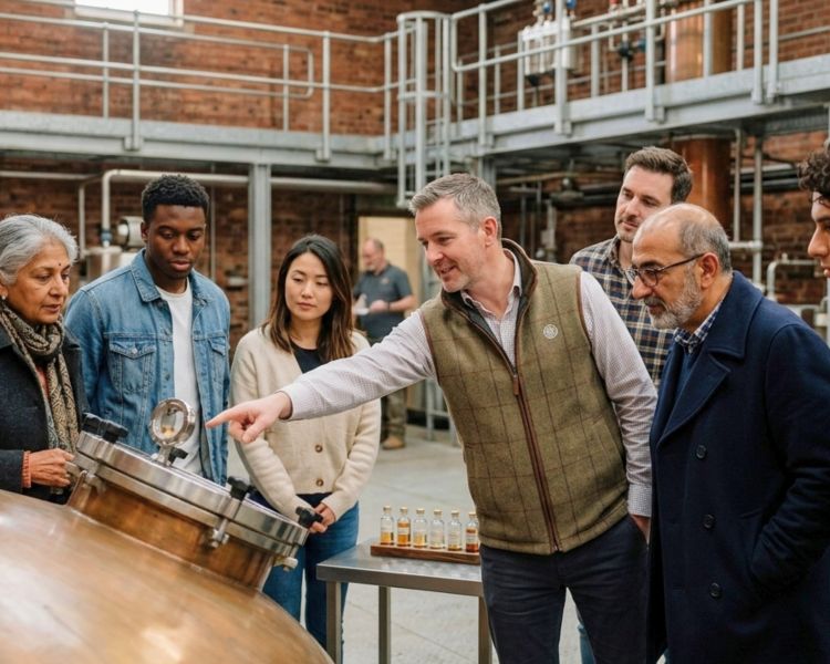 Group on tour of a whisky distillery