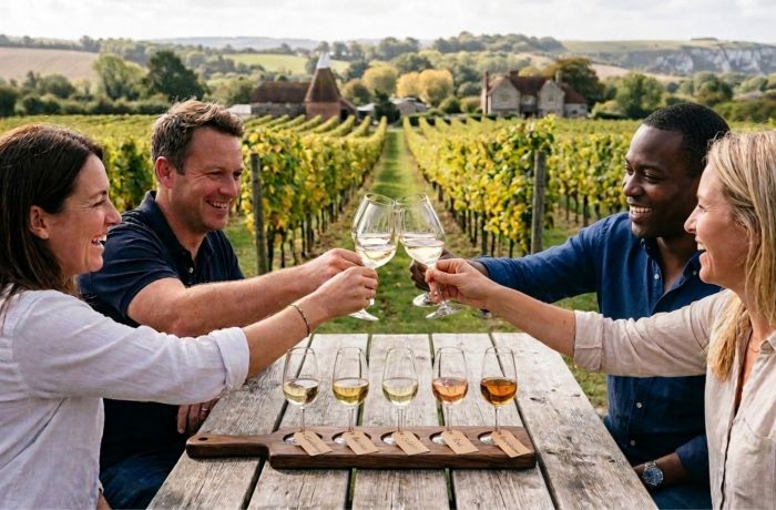 Group tasting wines on vineyard tour