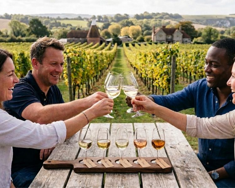Group tasting wines on vineyard tour