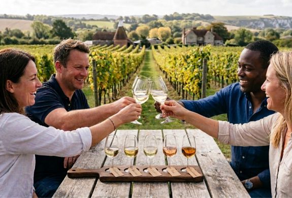 Group tasting wines on vineyard tour