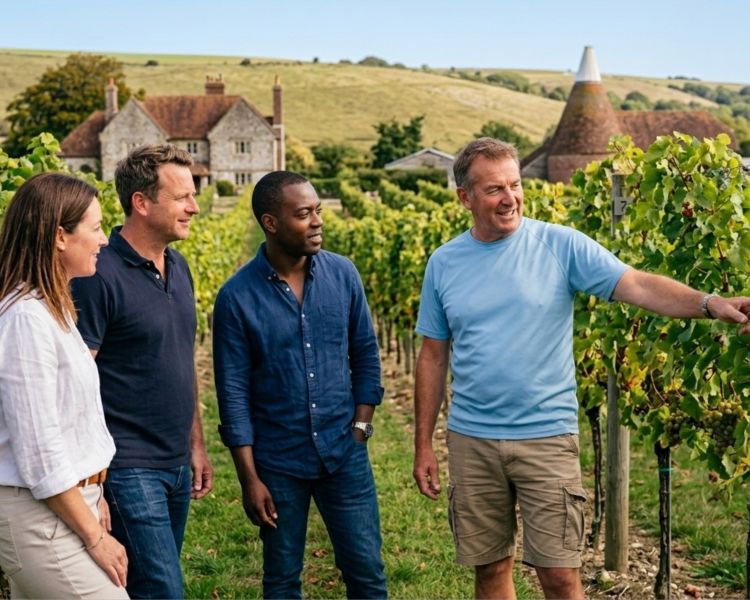 Group looking at vines on vineyard tour