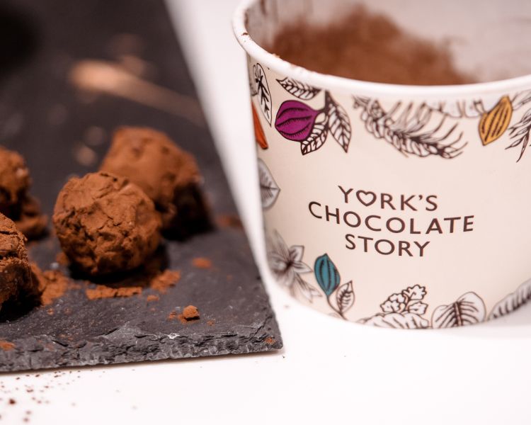 Pot of chocolate truffles at york chocolate story
