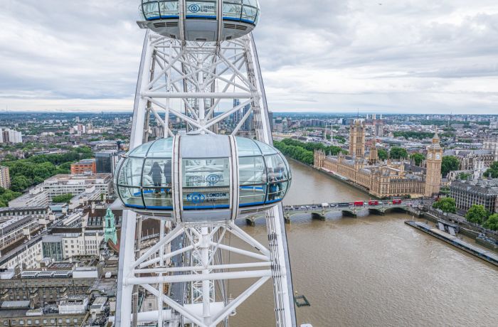 close up of pods on the london eye with london views in background