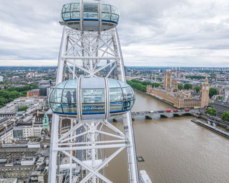 close up of pods on the london eye with london views in background