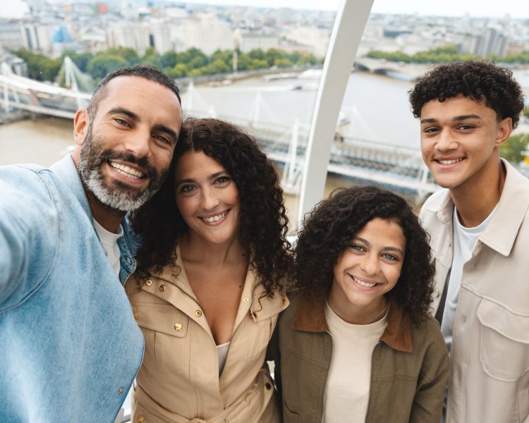 a family photo in a london eye pod overlooking london