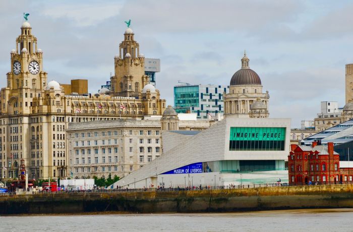 the cityscape of liverpool along the river