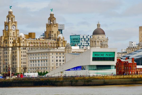 the cityscape of liverpool along the river