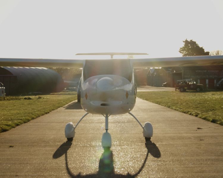 Front shot of electric aircraft on runway
