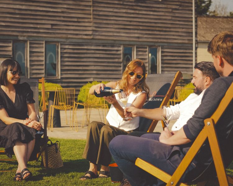 people sitting in deckchairs in sunshine drinking wine at chapel down winery