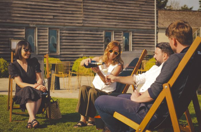 people sitting in deckchairs in sunshine drinking wine at chapel down winery