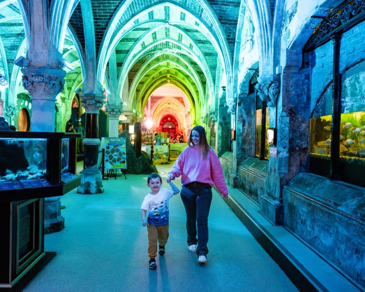mum and young son walking through a sea life aquarium