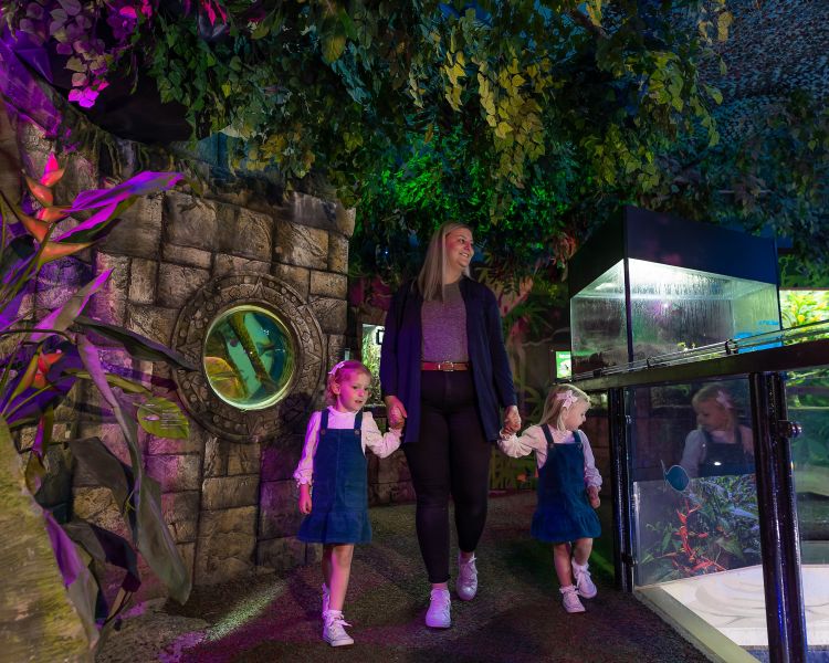 mum and daughters walking through a sea life aquarium