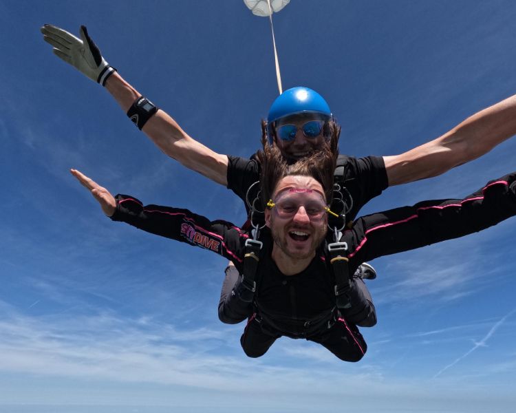 man on tandem skydive over devon countryside