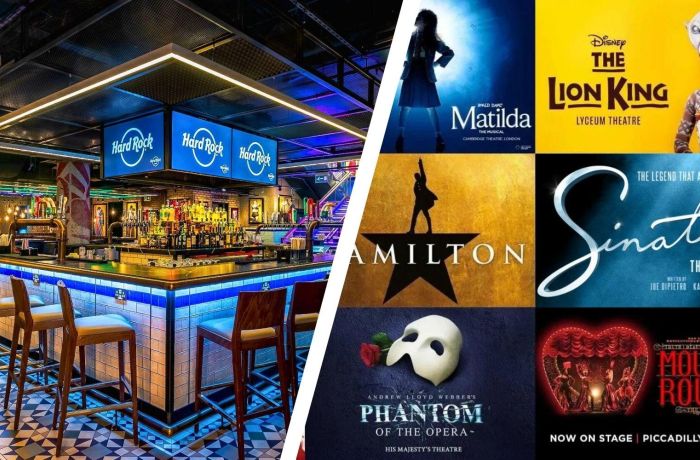 Split photo showing hard rock piccadilly circus and west end theatre shows