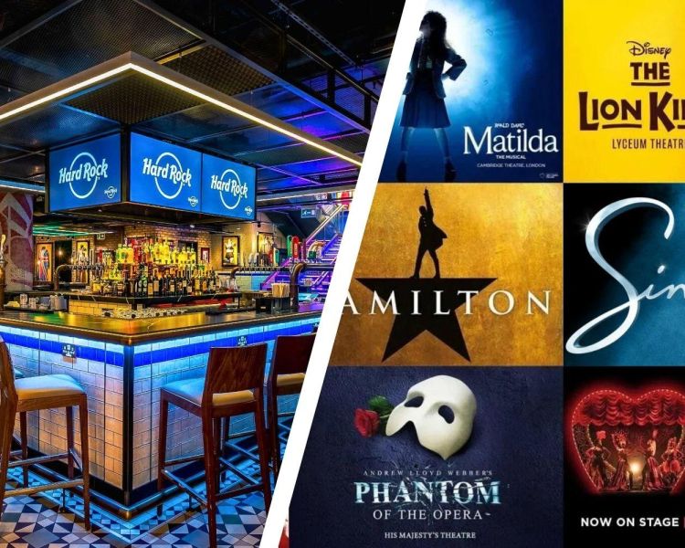 Split photo showing hard rock piccadilly circus and west end theatre shows