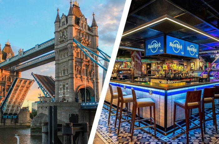 Split photo showing london and hard rock piccadilly circus