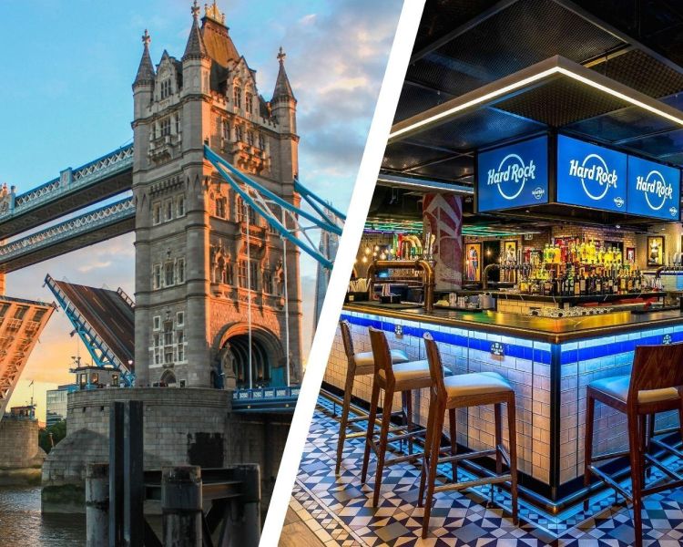 Split photo showing london and hard rock piccadilly circus
