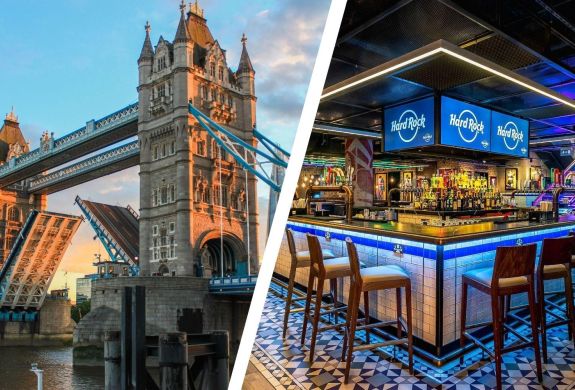 Split photo showing london and hard rock piccadilly circus