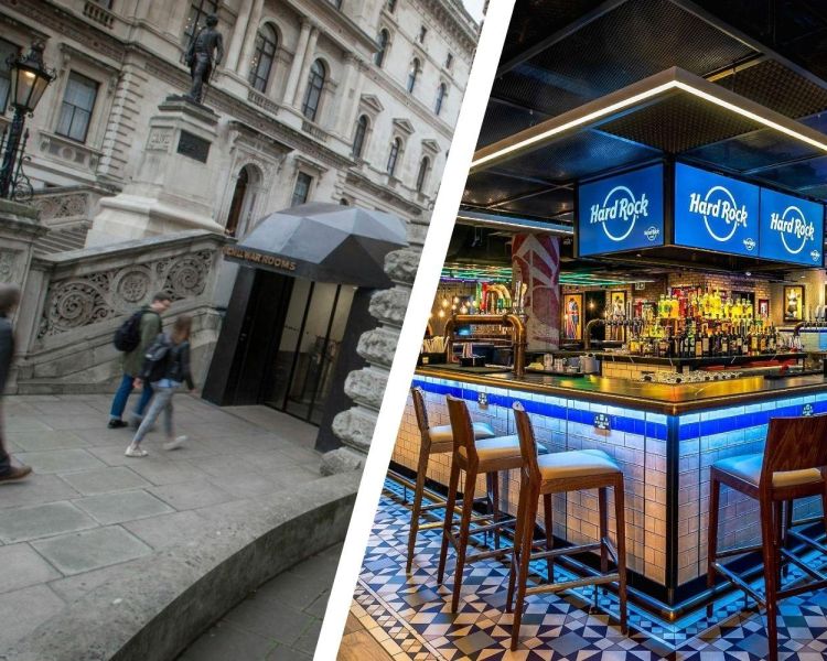 Split photo showing Churchill war rooms and hard rock piccadilly circus