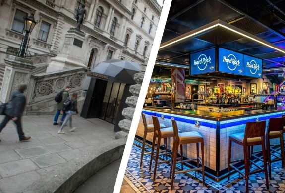 Split photo showing Churchill war rooms and hard rock piccadilly circus