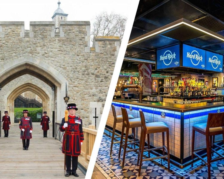 Split photo showing the tower of london and hard rock piccadilly circus