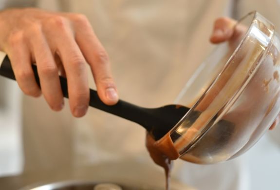 ingredients being poured into a mixer on a make your own gelato from scratch workshop in london
