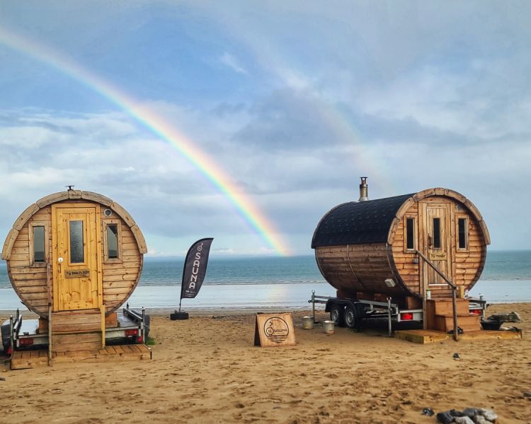 two sauna pods on the beach in wales