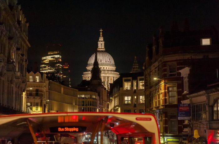 view from top deck of the london night bus tour