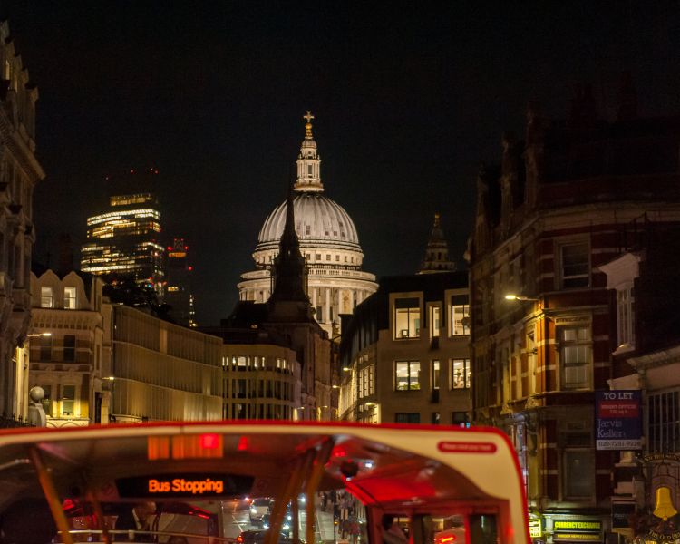 view from top deck of the london night bus tour