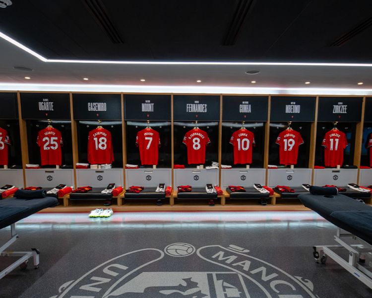 dressing room seen on the Manchester United Stadium Tour and Museum