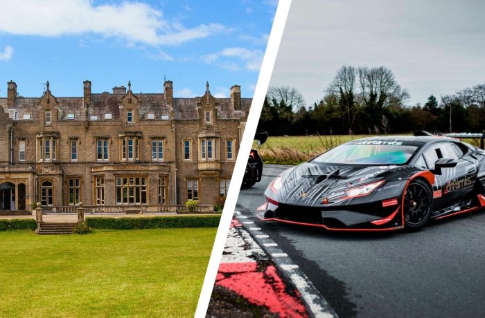 Split photo showing shendish manor hotel and black supercar on track
