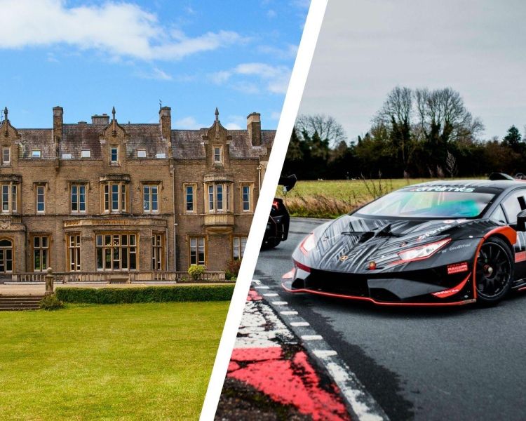 Split photo showing shendish manor hotel and black supercar on track