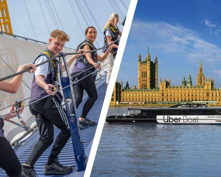 Split photo showing Up at the O2 with IFS Cable Car Uber Boat Experience