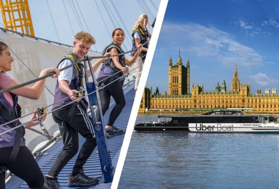 Split photo showing Up at the O2 with IFS Cable Car Uber Boat Experience