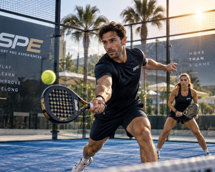 Male and female padel action