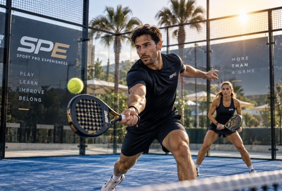 Male and female padel action