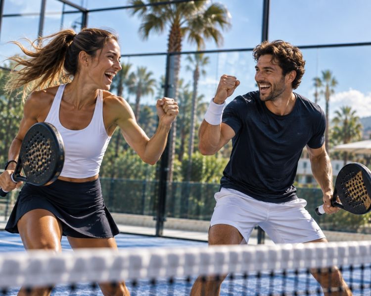 Male and female padel celebration