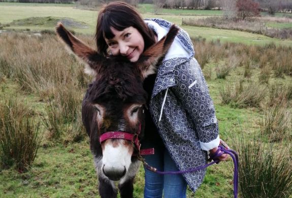 woman next to donkey on a donkey walk in wales