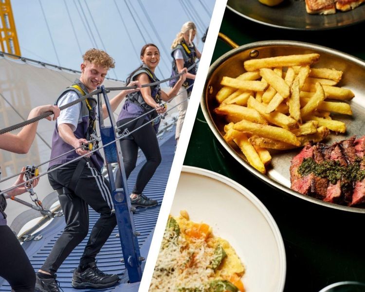 Split photo showing Up at the O2 with Dining at Gaucho