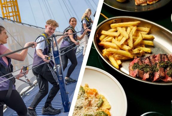 Split photo showing Up at the O2 with Dining at Gaucho