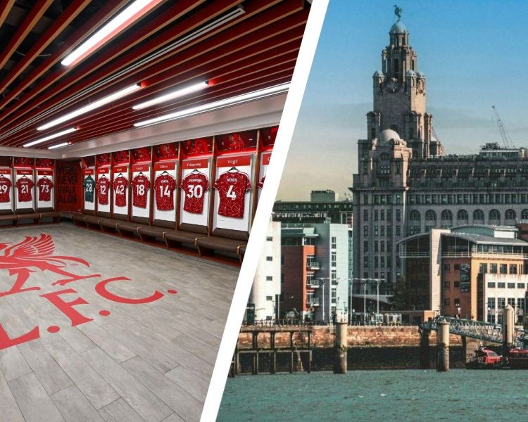 Split Photo Showing a Hotel Room and the Liverpool Anfield Changing Room